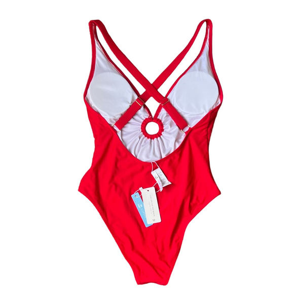Cupshe Red Cutout Ring One-Piece Swimsuit NWT Medium Vacation Flirty Flattering - Picture 3 of 7